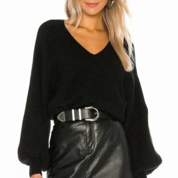 NWT 1STATE Black Ribbed Balloon Sleeve V Neck Sweater Size XS Boho Casual - Picture 2 of 9